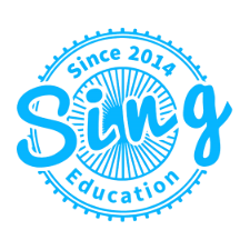 The image displays the logo for Sing Education, featuring stylized text that reads "Sing" in the center with "Education" below it. The logo is encircled by a decorative border with the phrase "Since 2014" at the top, indicating the year the organization was established. The design is predominantly in a bright blue color, giving it a vibrant and energetic feel.